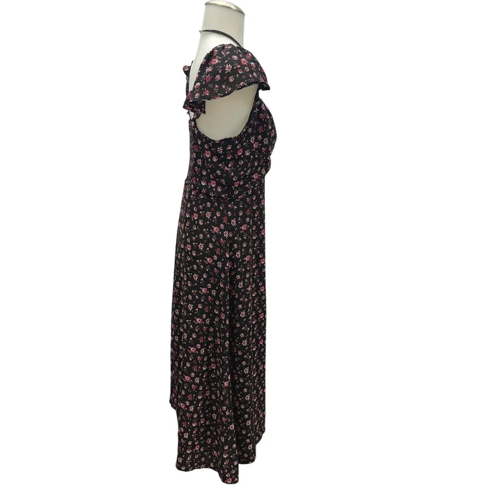 Lola Grace Floral Midi Dress Womens Medium Black Pink Flutter Sleeve Cottagecore